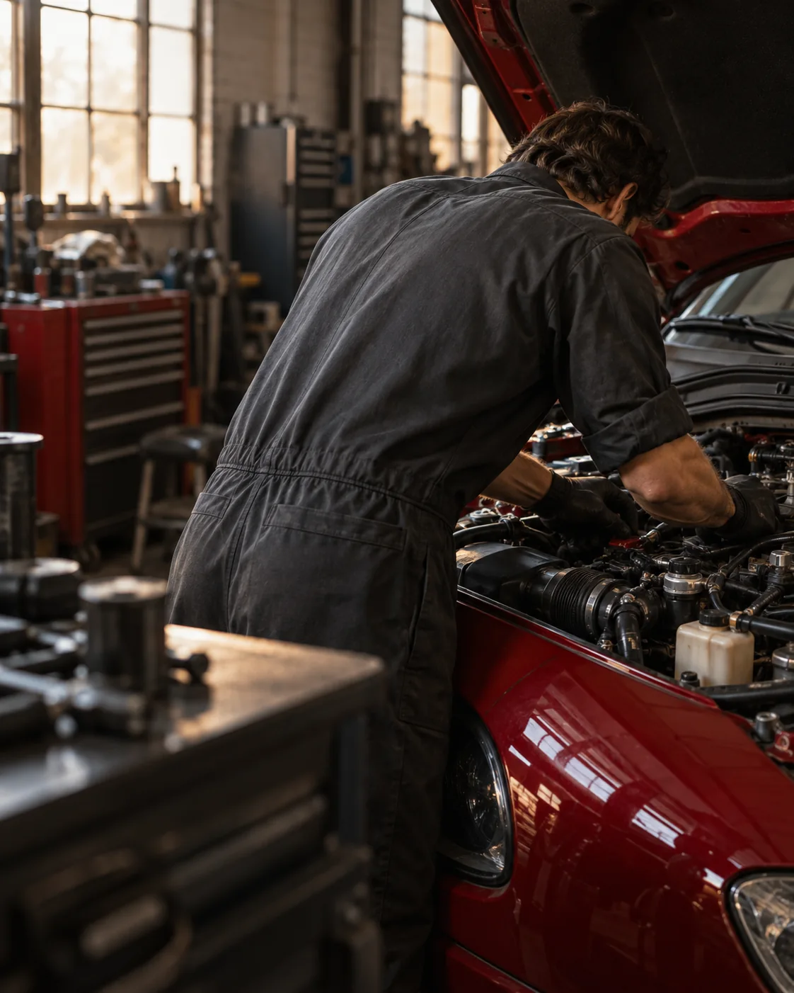 Illustrative workshop photograph of a mechanic caring for a red import car