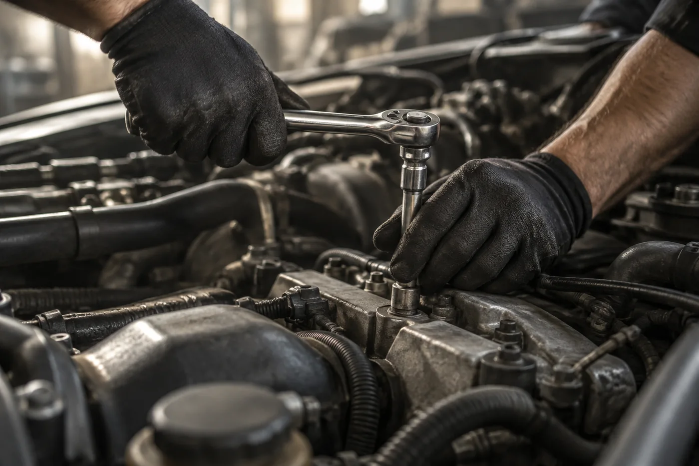 Illustrative close-up of a mechanic working with a ratchet on an engine